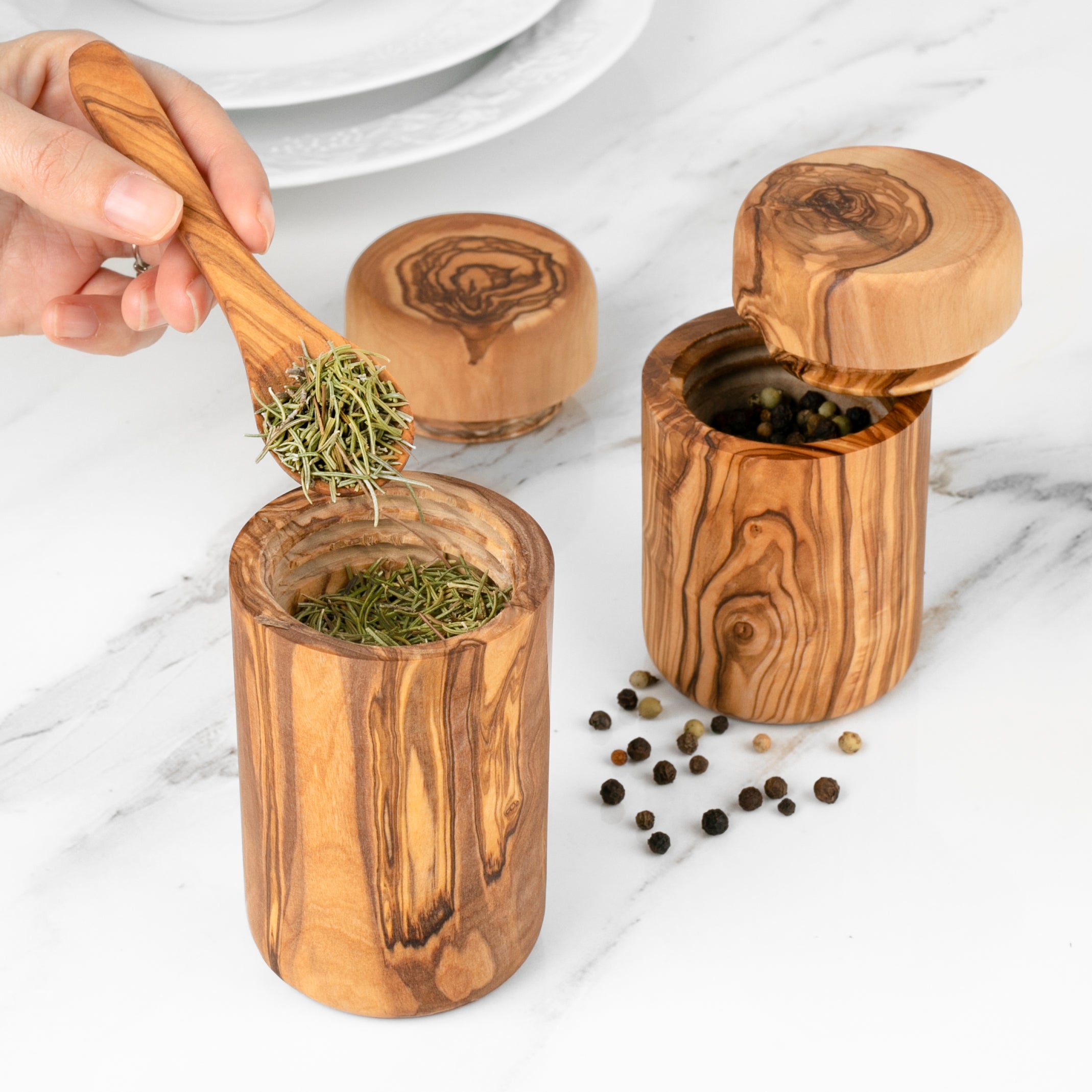 Set of 2 Salt Cellar with Lid Olive Wood - ArtisRaw